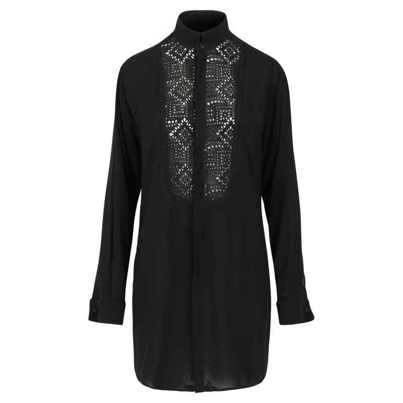 Robe chemise noire fluide pour femmes avec application de broderie anglaise, coupe ample. Poignets fumants avec boutons en viscose noire auto-couverts avec broderie à oeillets en coton noir. 100% viscose. Fabriqué au Portugal