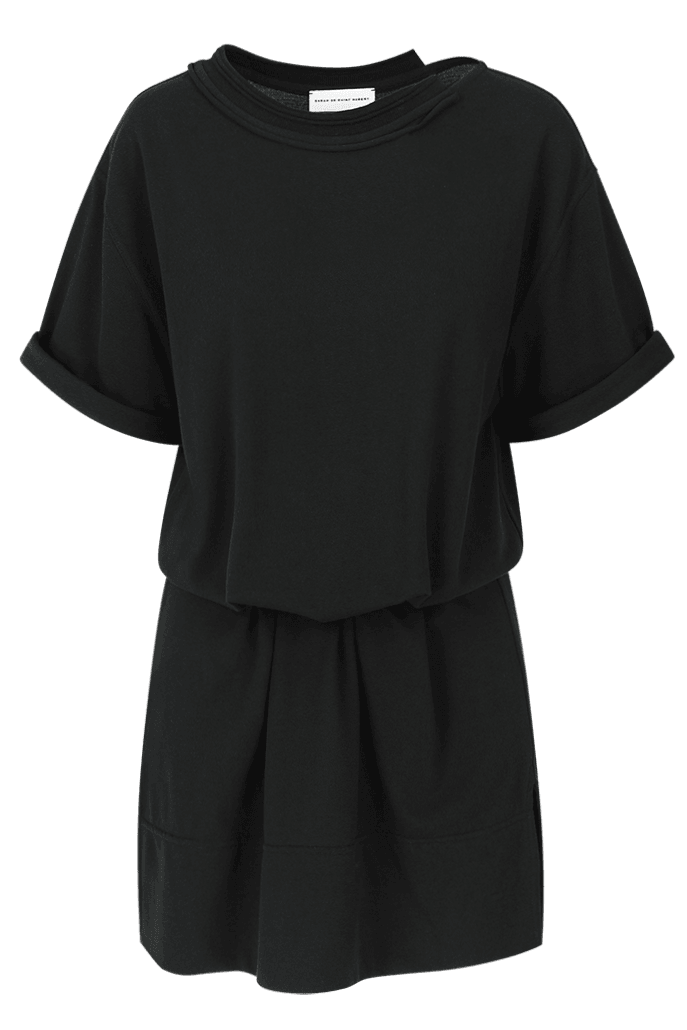 Robe T-shirt oversize noire SARAH DE SAINT HUBERT en jersey de coton piqué avec manches courtes retroussées. Coupe droite et confortable.