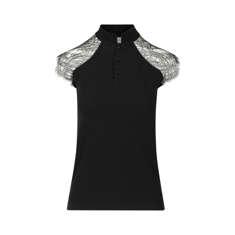 Polo noir en jersey de coton piqué SARAH DE SAINT HUBERT avec insertion de dentelle de calais aux épaules. Un polo féminin et intemporel avec une coupe droite/petite.