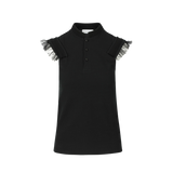 Polo noir en jersey de coton piqué SARAH DE SAINT HUBERT avec volants en plumetis. Coupe féminine et confortable.