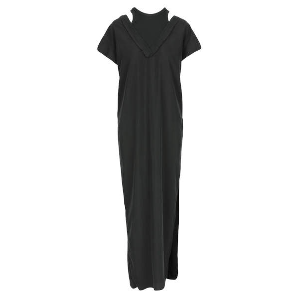 SARAH DE SAINT HUBERT - Robe longue noire en coton avec un col en V sur le devant et le dos. Coupe féminine, fluide et confortable.