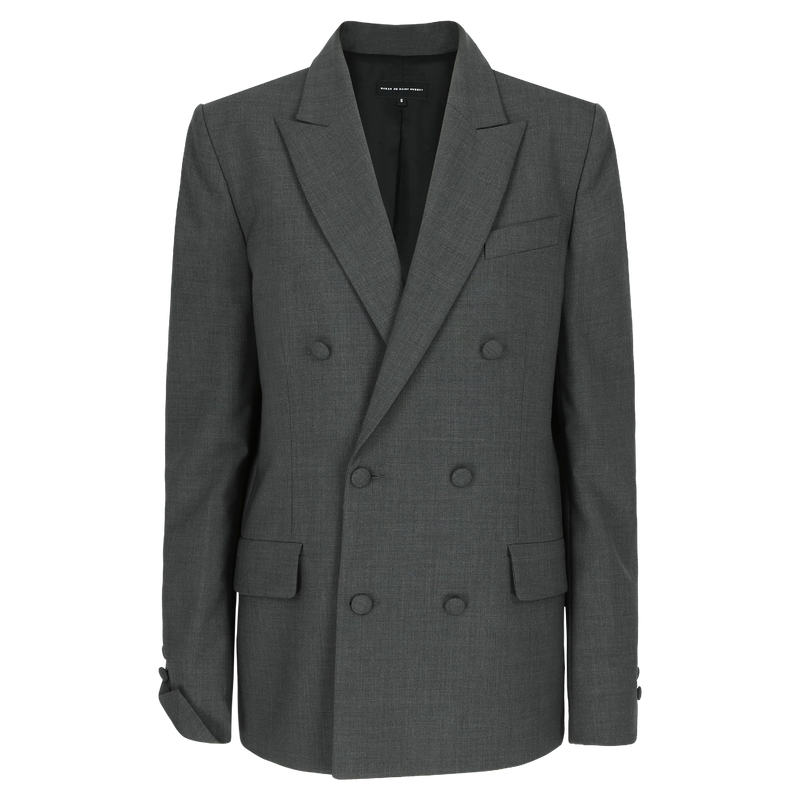 SARAH DE SAINT HUBERT veste à double boutonnage gris en laine vierge légère avec ouverture diagonale des poignets boutonnée. Coupe boyfriend et droite.