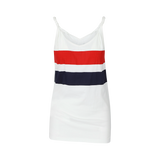 SARAH DE SAINT HUBERT witte bedrukte rood/navy gestreepte tanktop van katoenen jersey met gedraaide schouderbandjes en v-halslijn. Een tijdloos stuk.