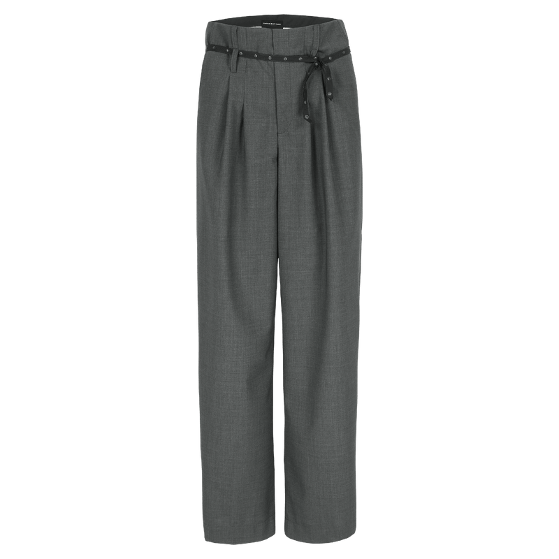 SARAH DE SAINT HUBERT women's tailored wide-leg trousers in Italian virgin wool, colour mid-grey. Loose & straight fit leg, 4 pleats. 2 front pockets. A casual chic outfit. Double waist belt loops, offering 2 tightening positions. Designed in Belgium, made in Portugal.