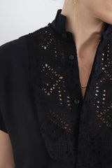 SARAH DE SAINT HUBERT Fluid women's black smoking shirt with broderie anglaise application in black viscose with black cotton broderie anglaise. Designed in Belgium and Made in Portugal