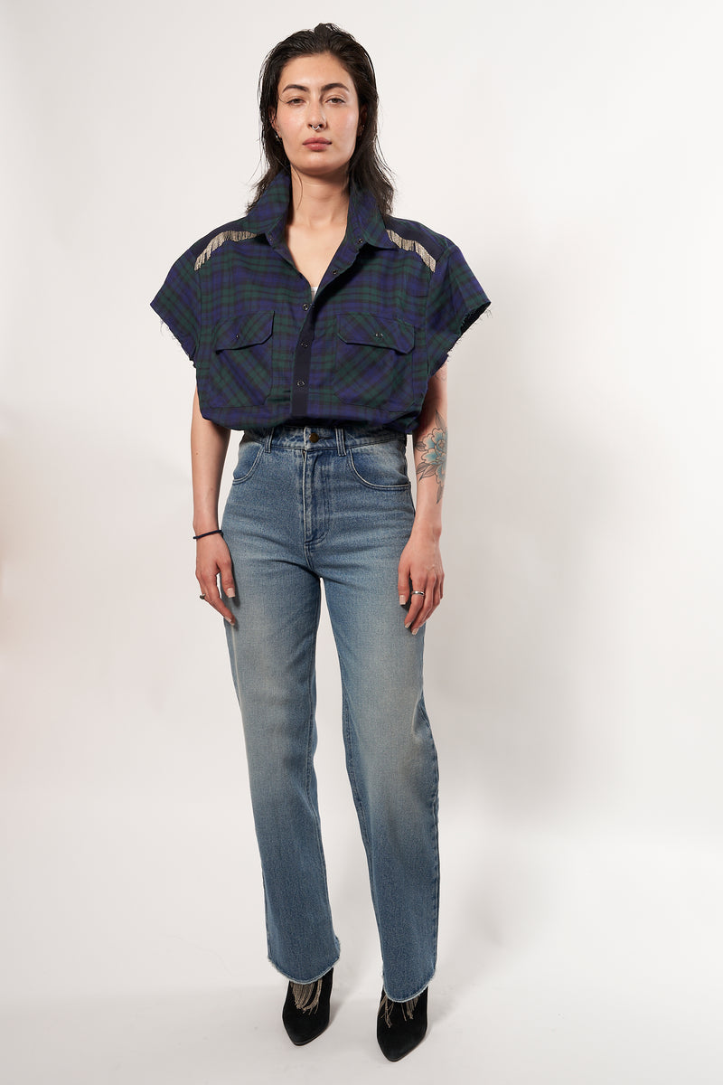 Oversized navy blue & dark green checks women or men's shirt, with raw cut sleeves, hand-embroidered chains for a rock'n'roll style, button placket with navy blue gros grain band and press studs Navy blue and green cotton checks. Made in Portugal.