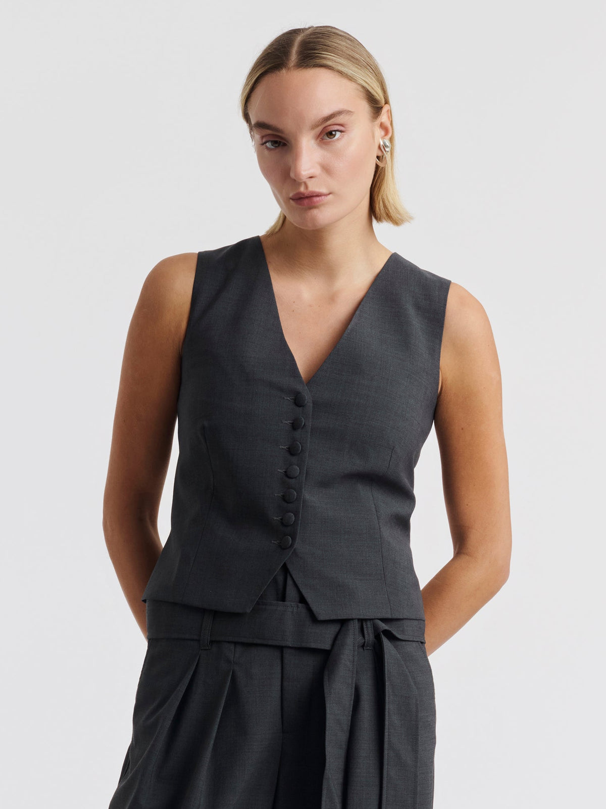 Heather grey CARMEN waistcoat worn, front view