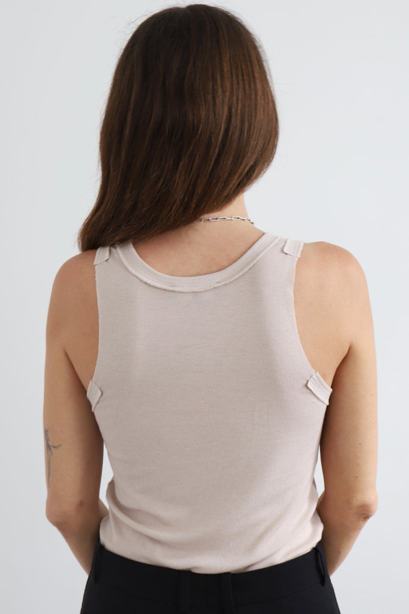 SARAH DE SAINT HUBERT rib jersey tank top, featuring signature rib borders finishings at neck line and arm holes, made in a thin & soft poudre rib cotton jersey, sourced from sustainable deadstock. slightly see-through, straight fit made in Portugal in limited quantities