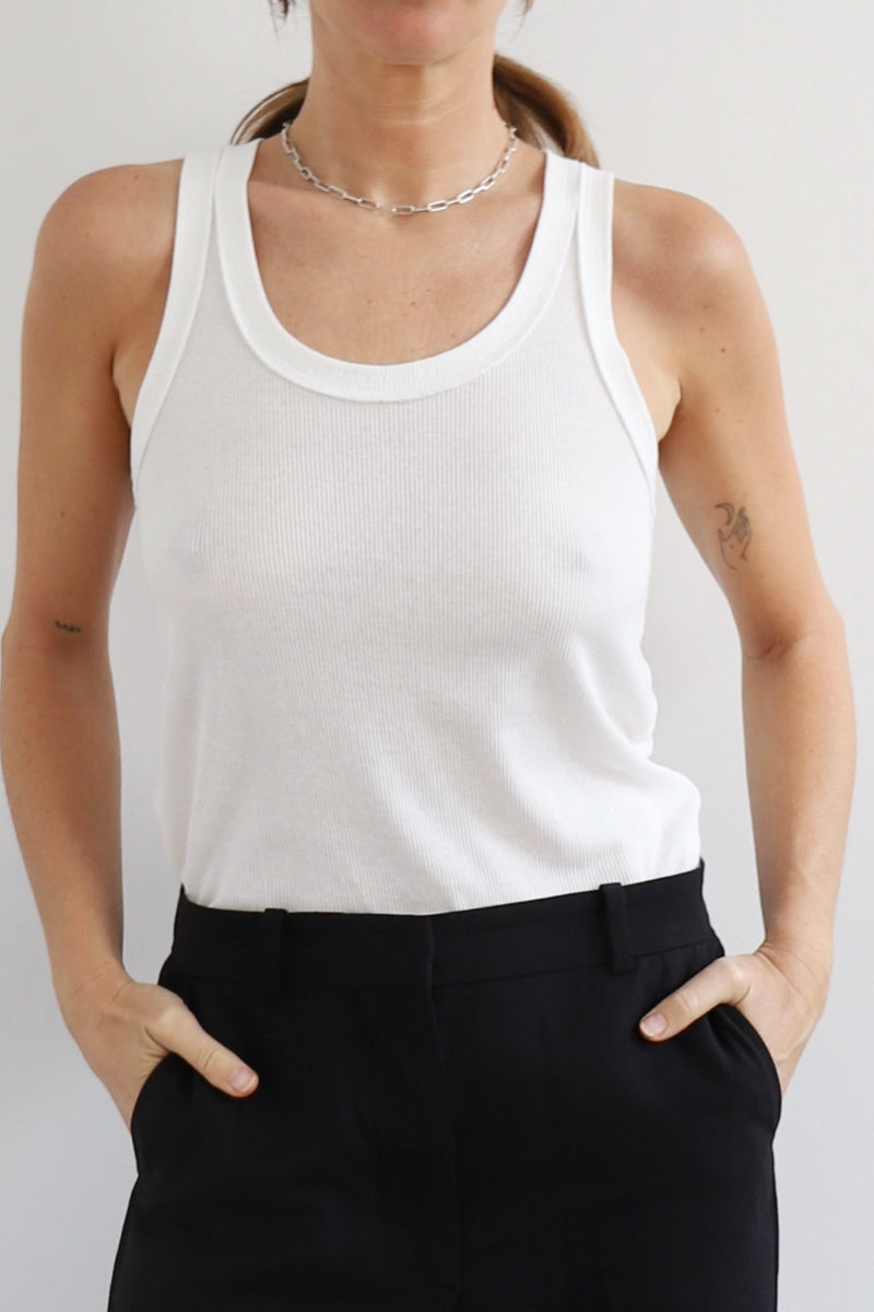 SARAH DE SAINT HUBERT rib jersey tank top, featuring signature rib borders finishings at neck line and arm holes, made in a thin & soft off-white rib cotton jersey, sourced from sustainable deadstock. slightly see-through, straight fit made in Portugal in limited quantities