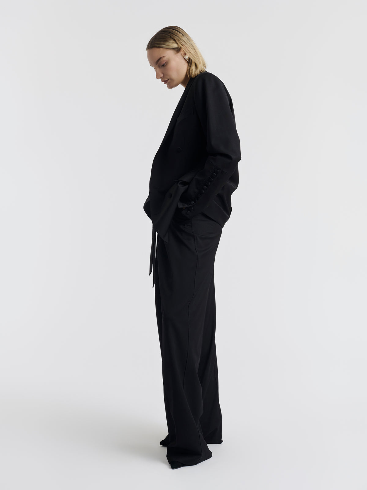 Black BEN double-breasted tuxedo jacket worn, SIDE view