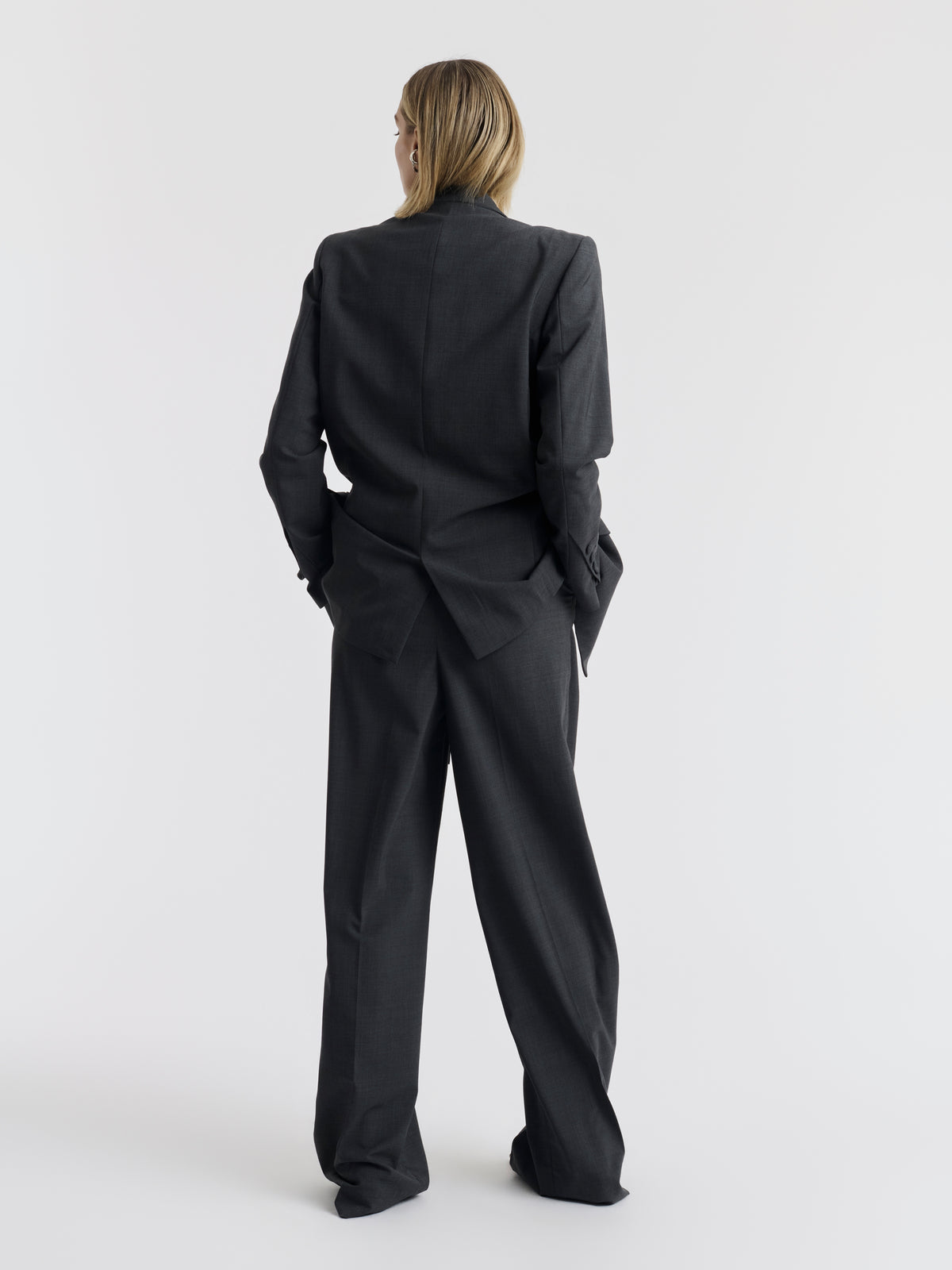 Grey BILLIE double-breasted jacket worn, back view