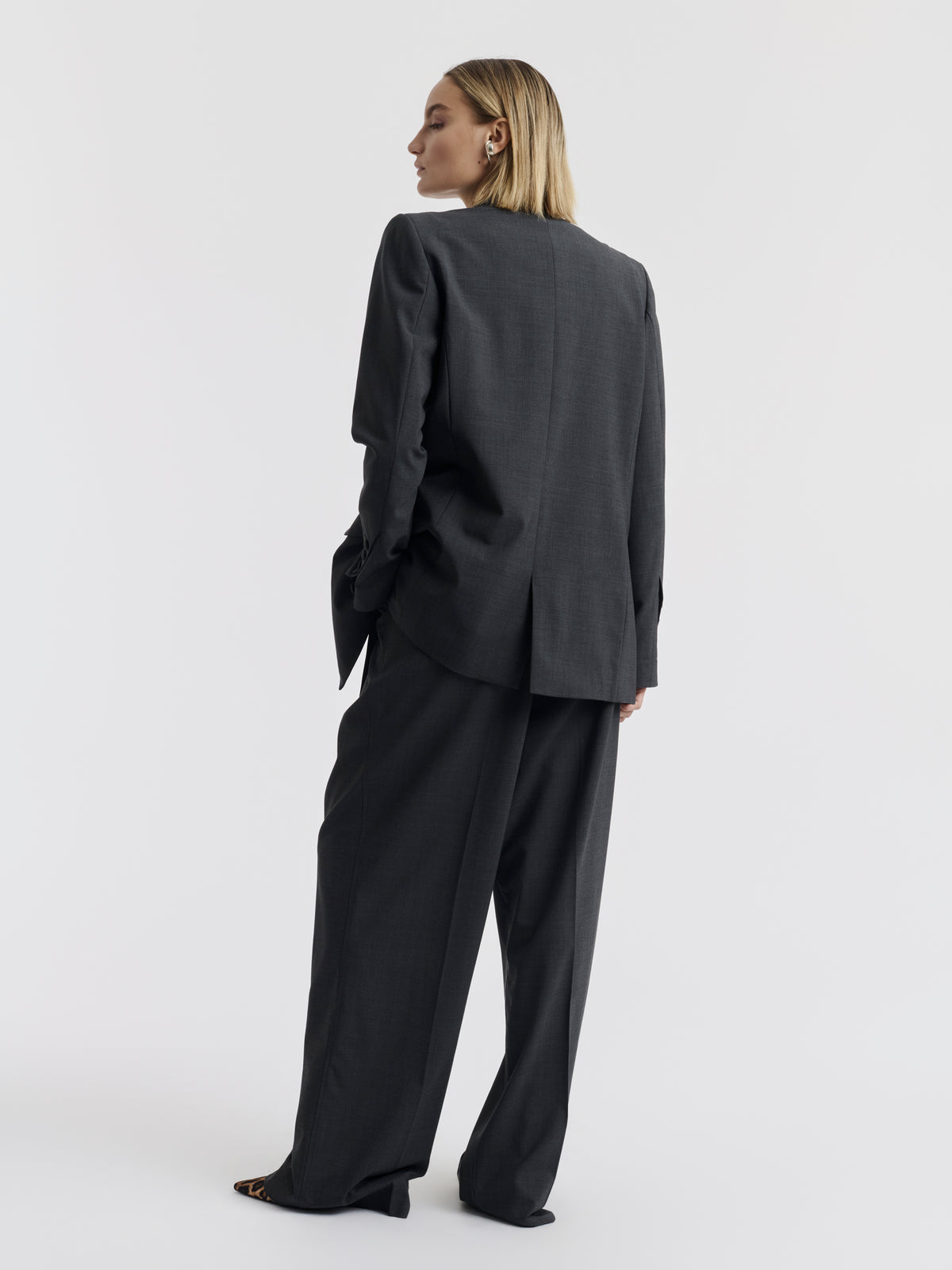 Grey BILLIE double-breasted jacket worn, front view