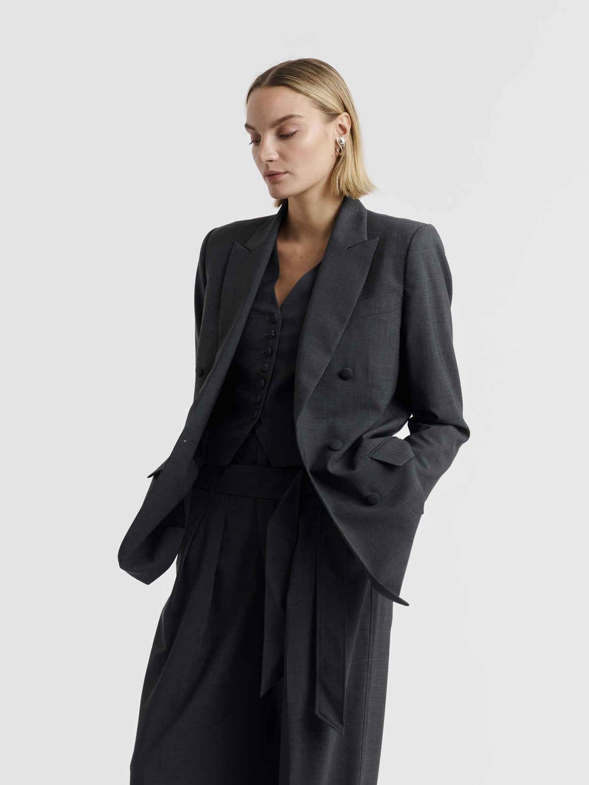 Grey BILLIE double-breasted jacket worn, front view