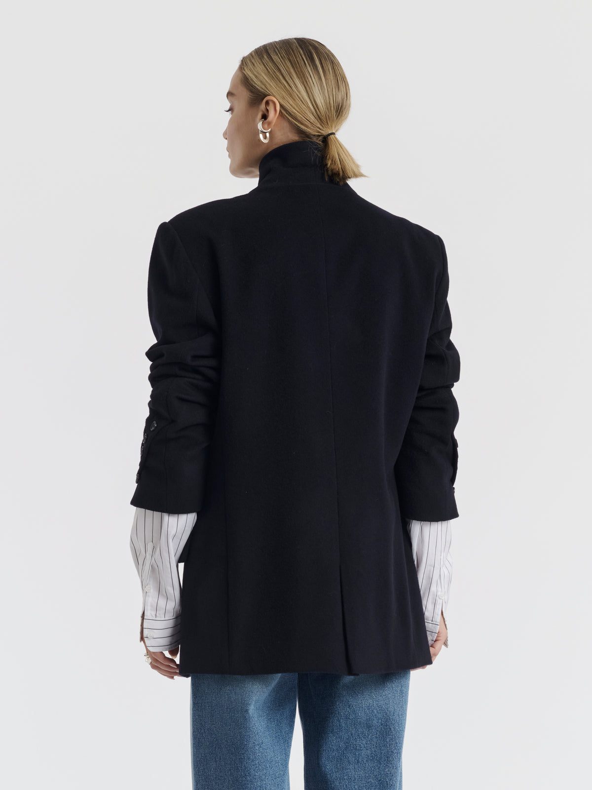 Navy BILLIE recycled wool jacket worn over the FANNY shirt and JENNI jeans