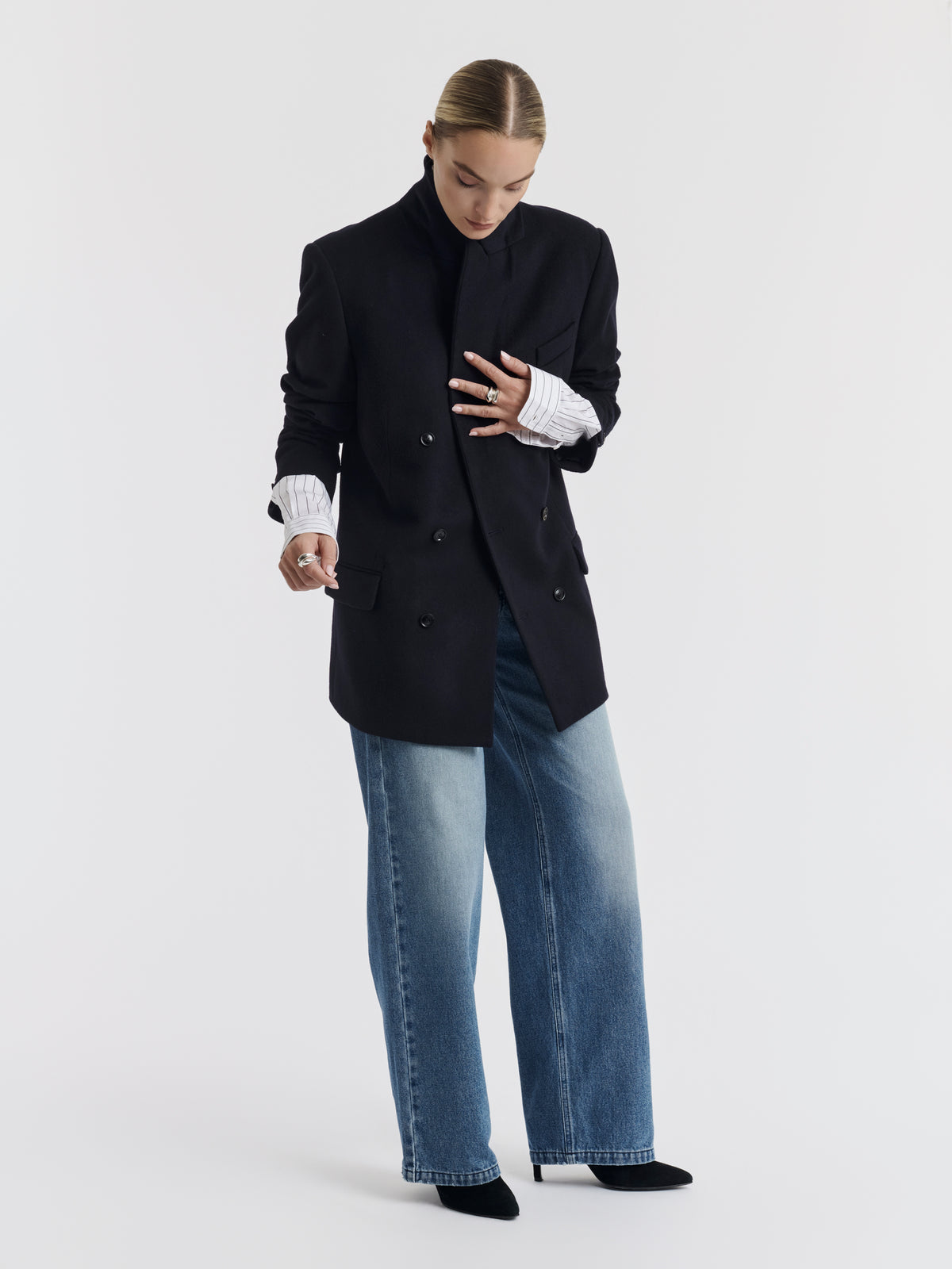Navy BILLIE recycled wool jacket worn over the FANNY shirt and JENNI jeans