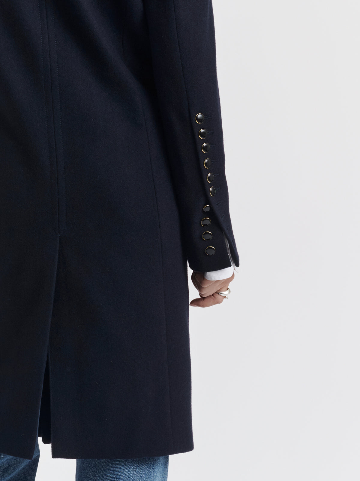 Navy CARA double-breasted long coat worn, DETAIL