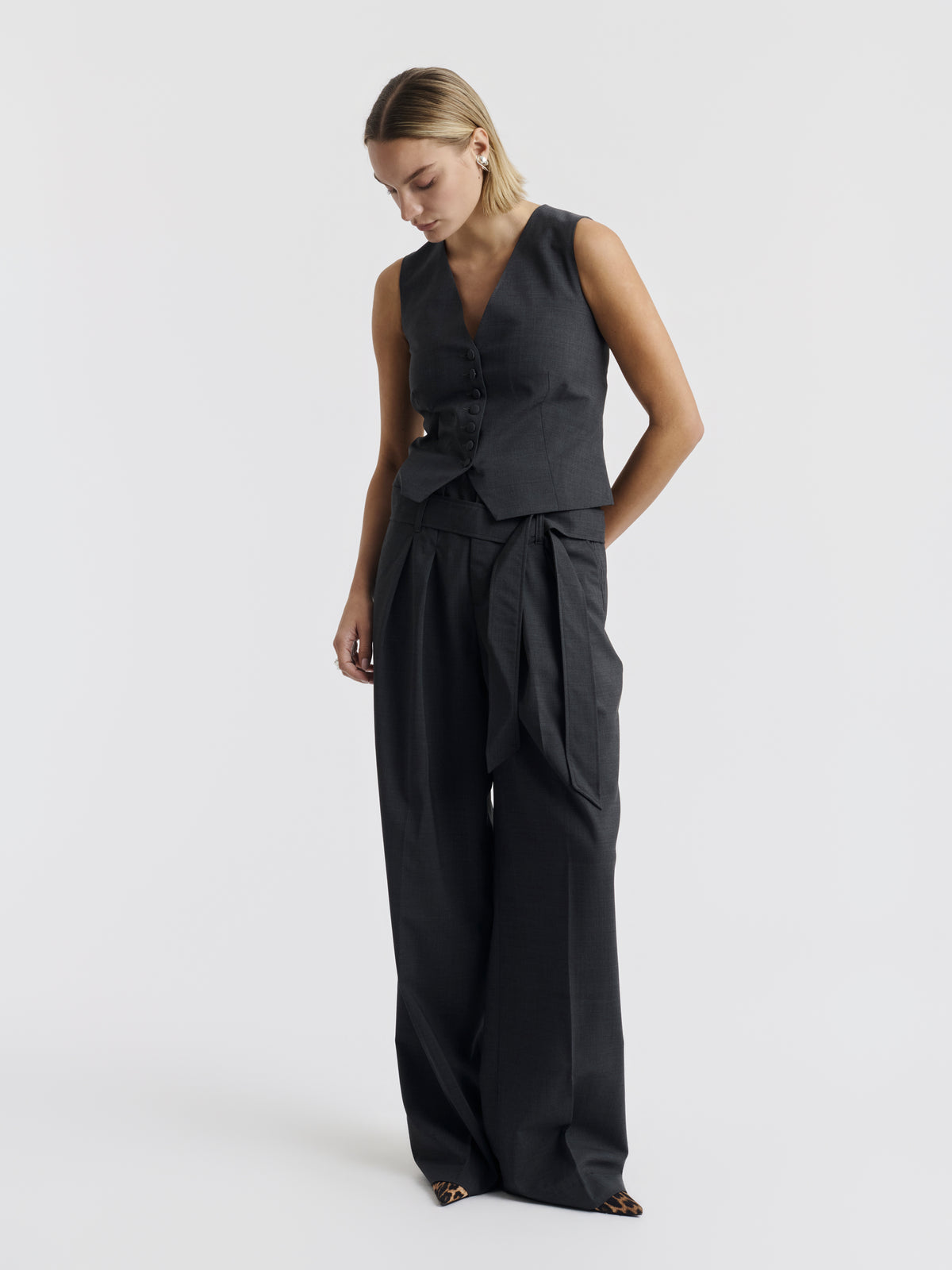 Heather grey CARMEN waistcoat worn, front view