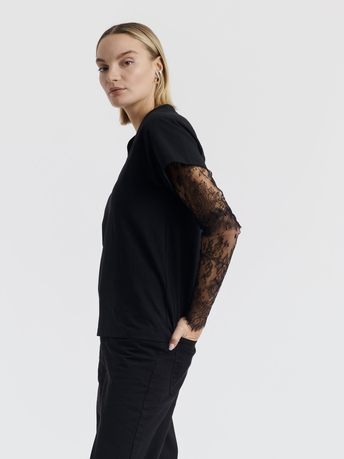 Black COURTNEY T-shirt with lace sleeves worn, front view