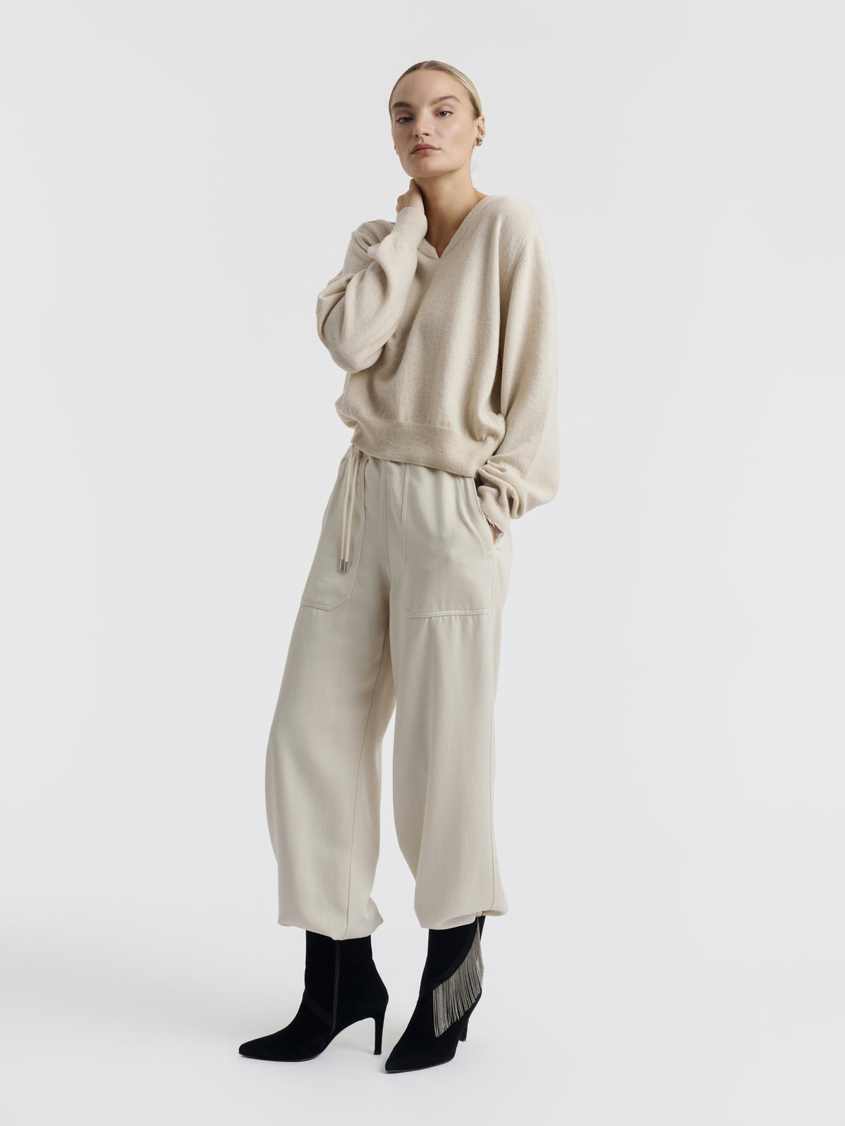 Seashell VIC LYOCELL wide-leg trousers worn with the esthee jumper
