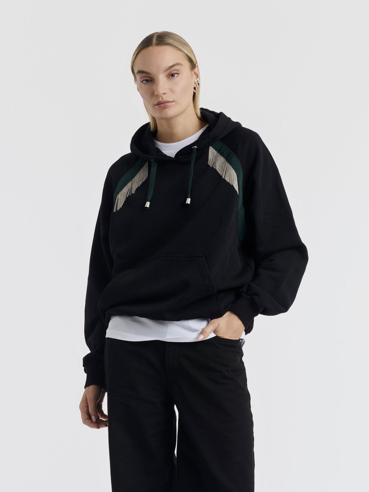 Black IAN CHAINS hoodie worn, front view