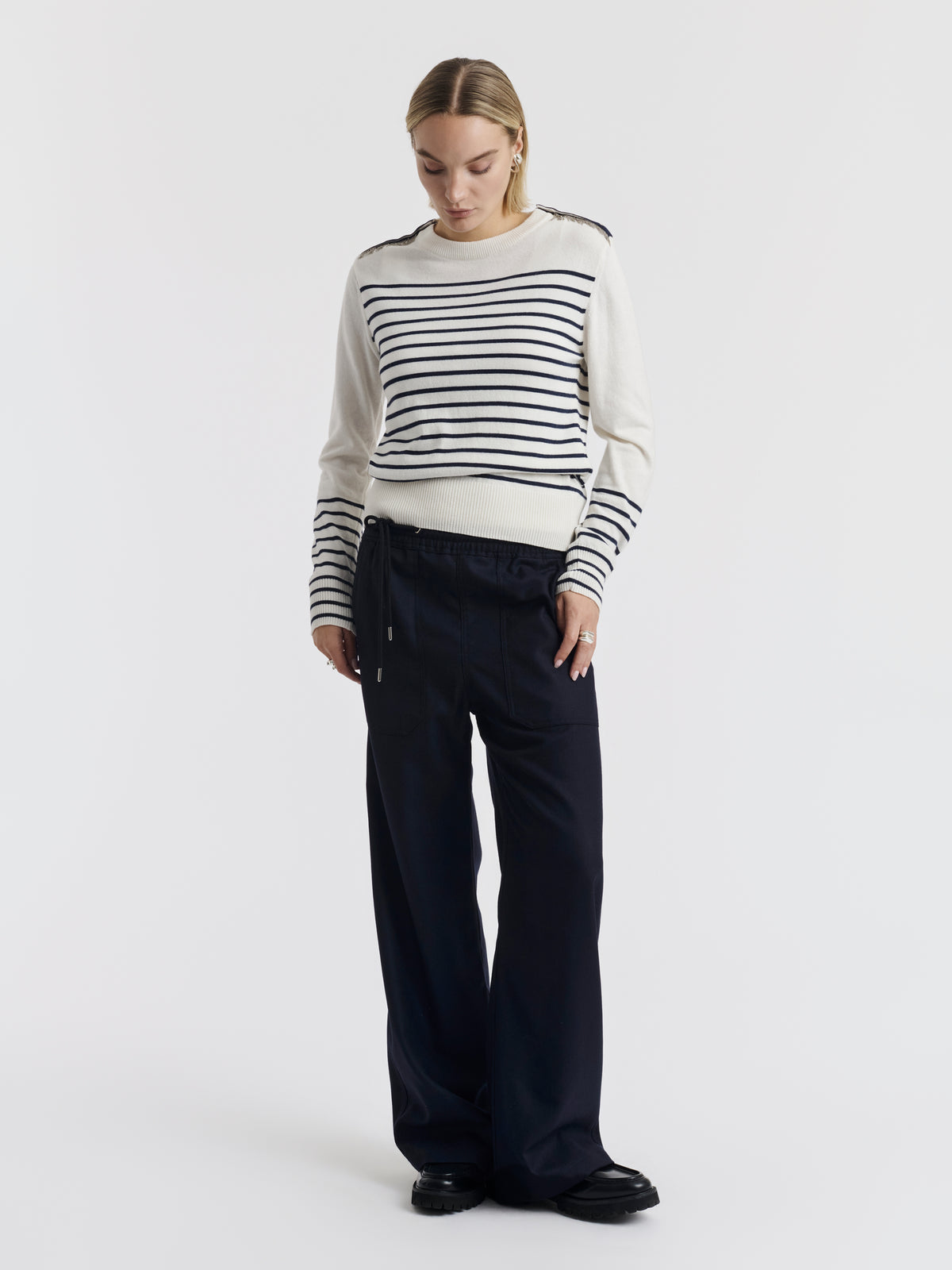 Navy striped ISA CHAINS jumper worn, front view