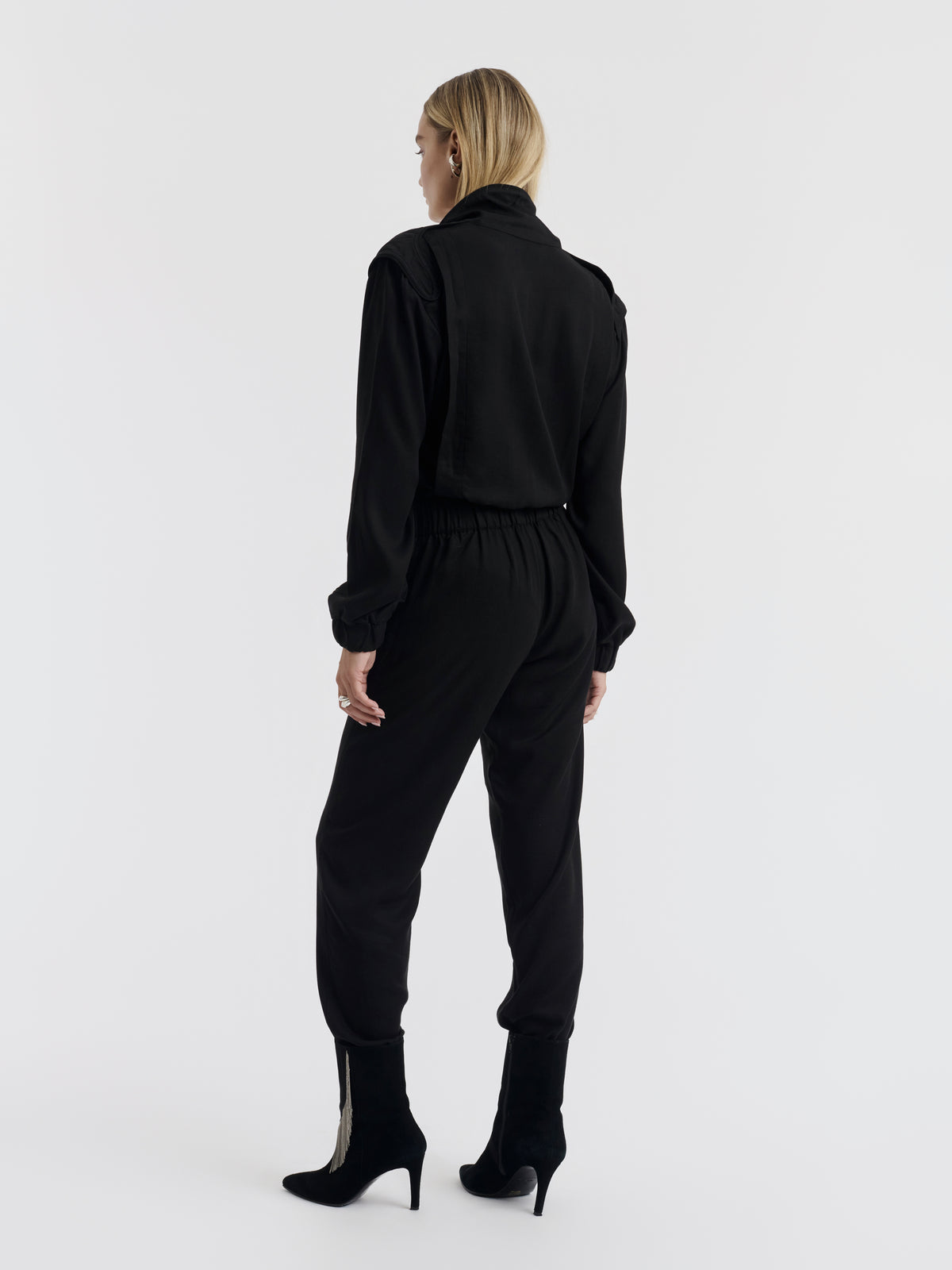 Black JIM racing jumpsuit worn, front view