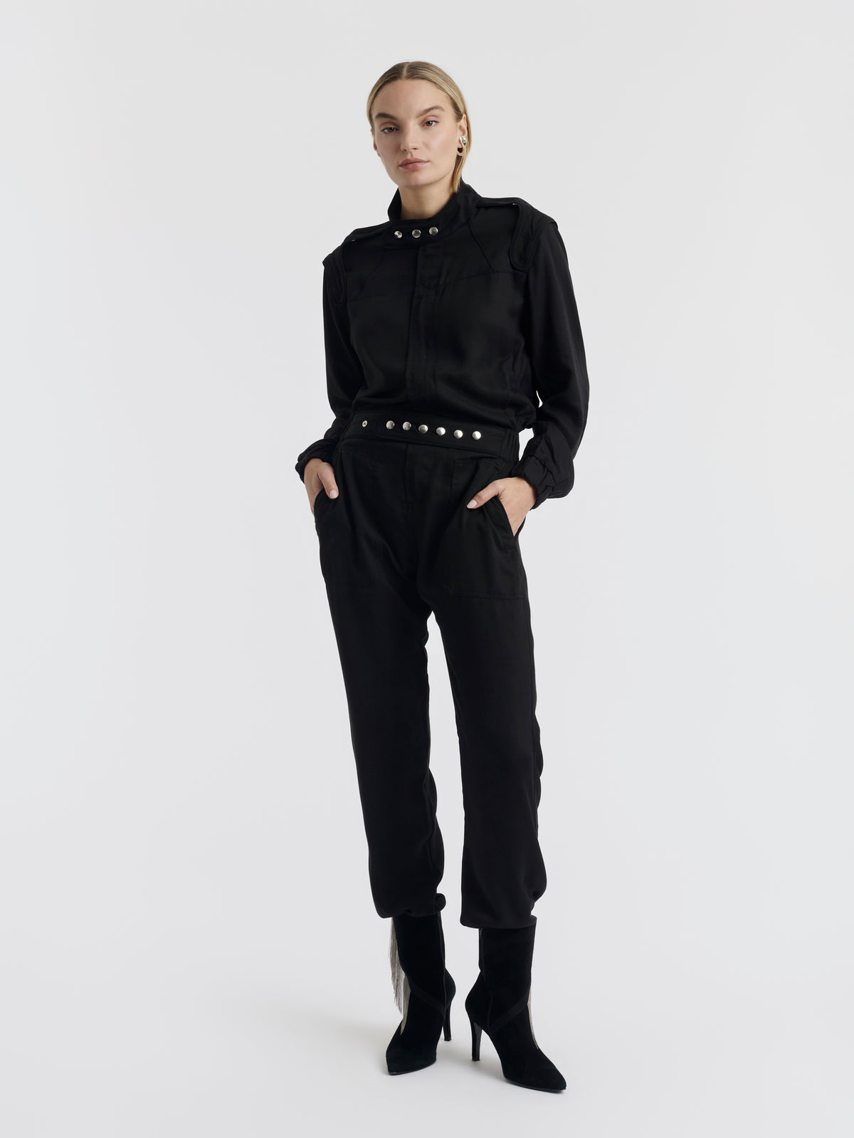 Black JIM racing jumpsuit worn, front view