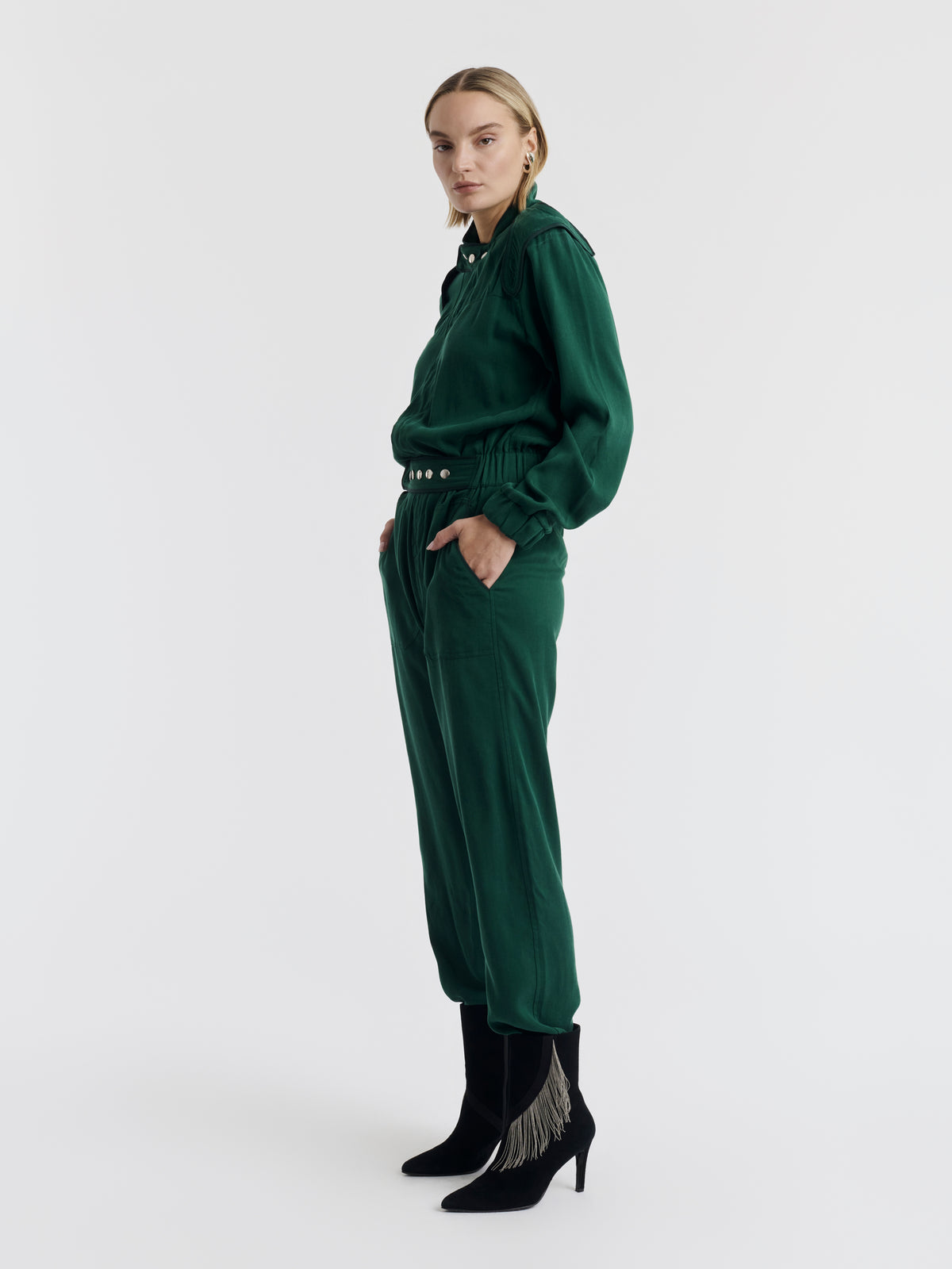 Forest green JIM racing jumpsuit worn, front view