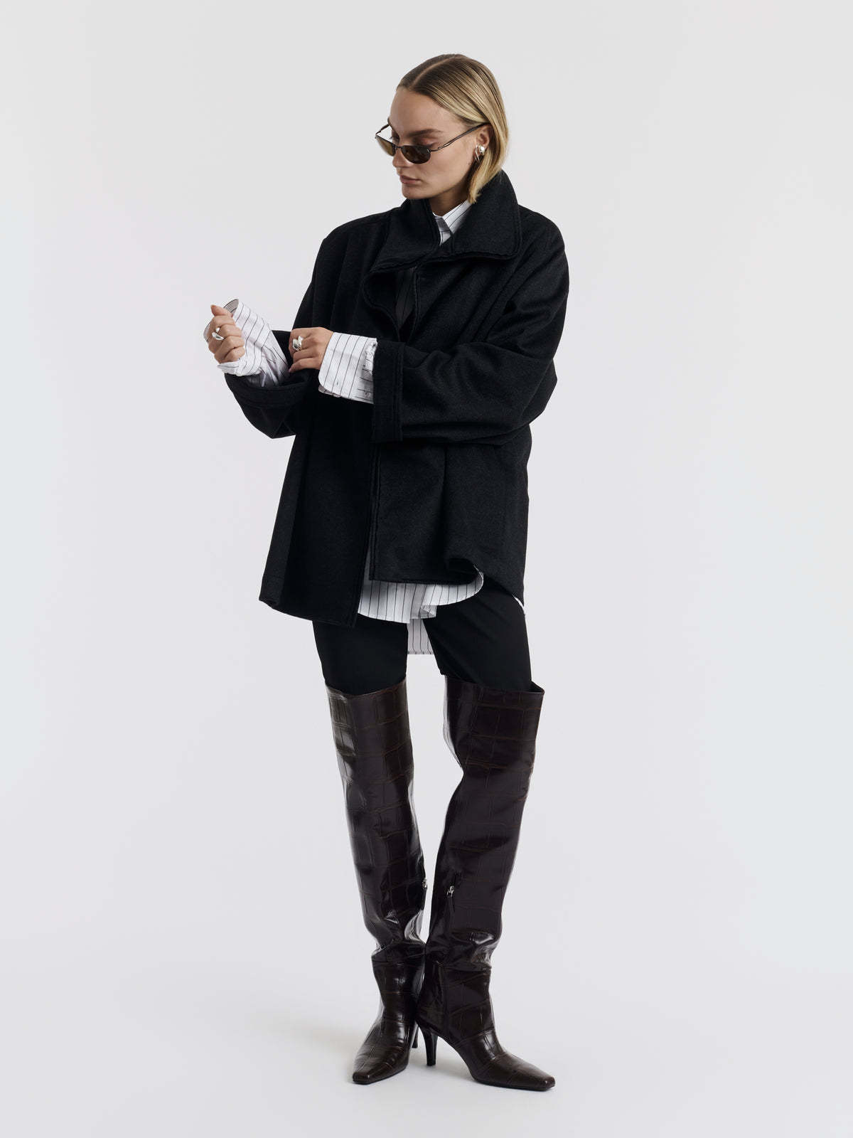 Anthracite KIM wool kimono jacket worn, front view