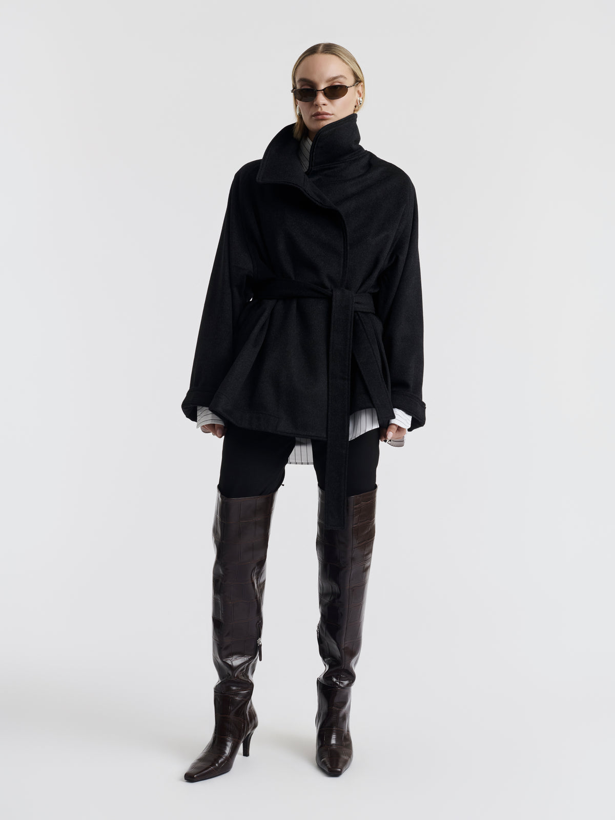 Anthracite KIM wool kimono jacket worn, front view