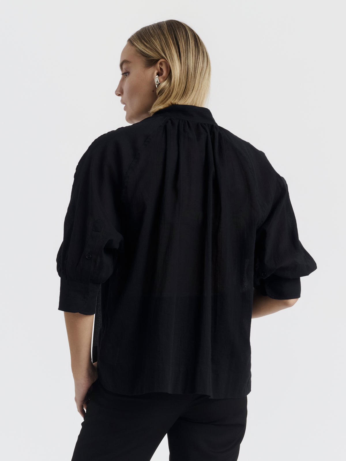 Black MADELEINE cotton voile shirt worn, back view