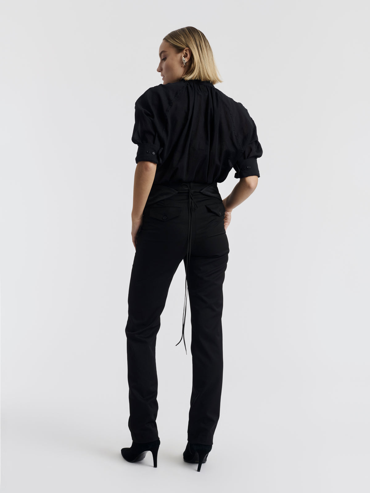 Black UGO cigarette trousers worn, front view