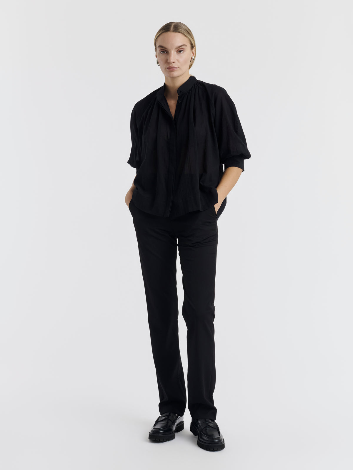 Black MADELEINE cotton voile shirt worn, front view