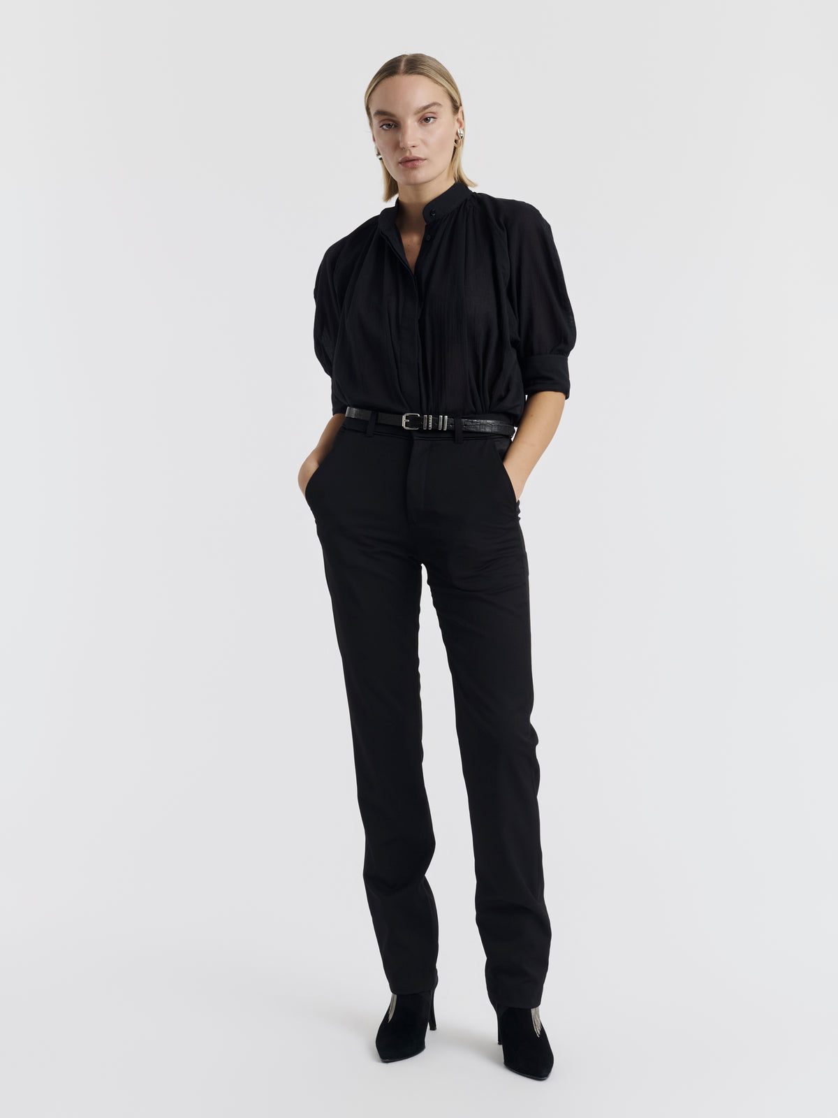Black UGO cigarette trousers worn, front view