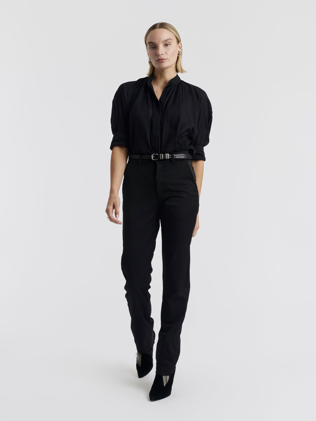 Black MADELEINE cotton voile shirt worn, front view