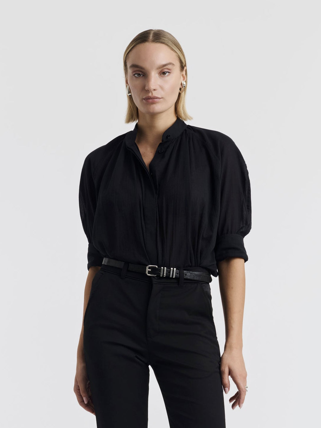 Black MADELEINE cotton voile shirt worn, front view