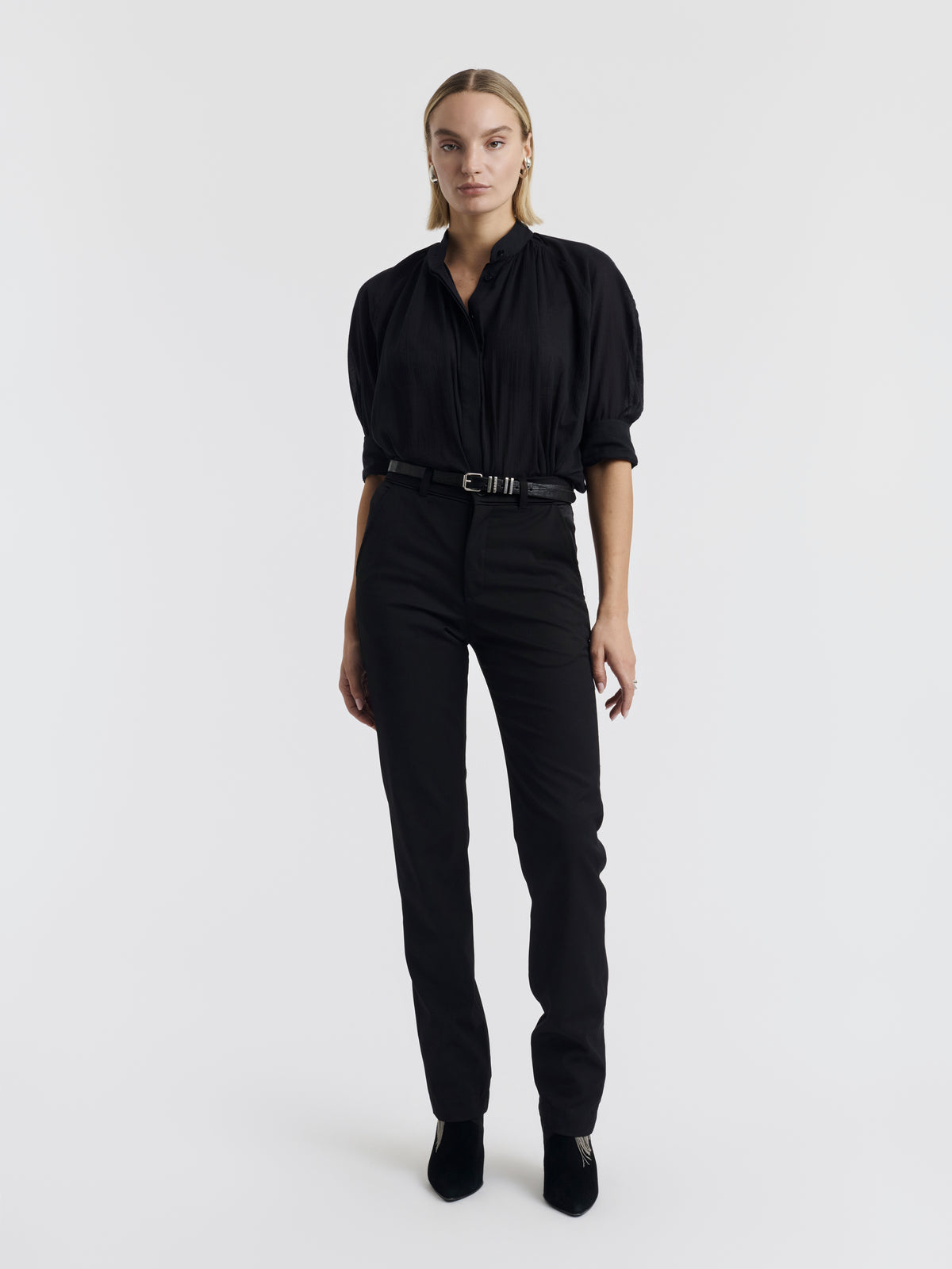 Black UGO cigarette trousers worn, front view