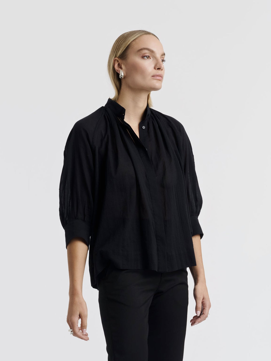 Black MADELEINE cotton voile shirt worn, front view