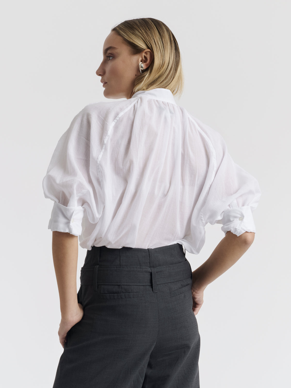 White MADELEINE cotton voile shirt worn, back view