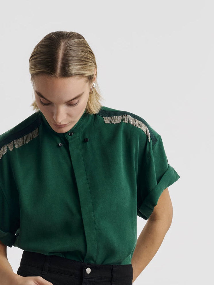 Hand-embroidered chain fringes on the shoulder of the MARCUS CHAINS shirt