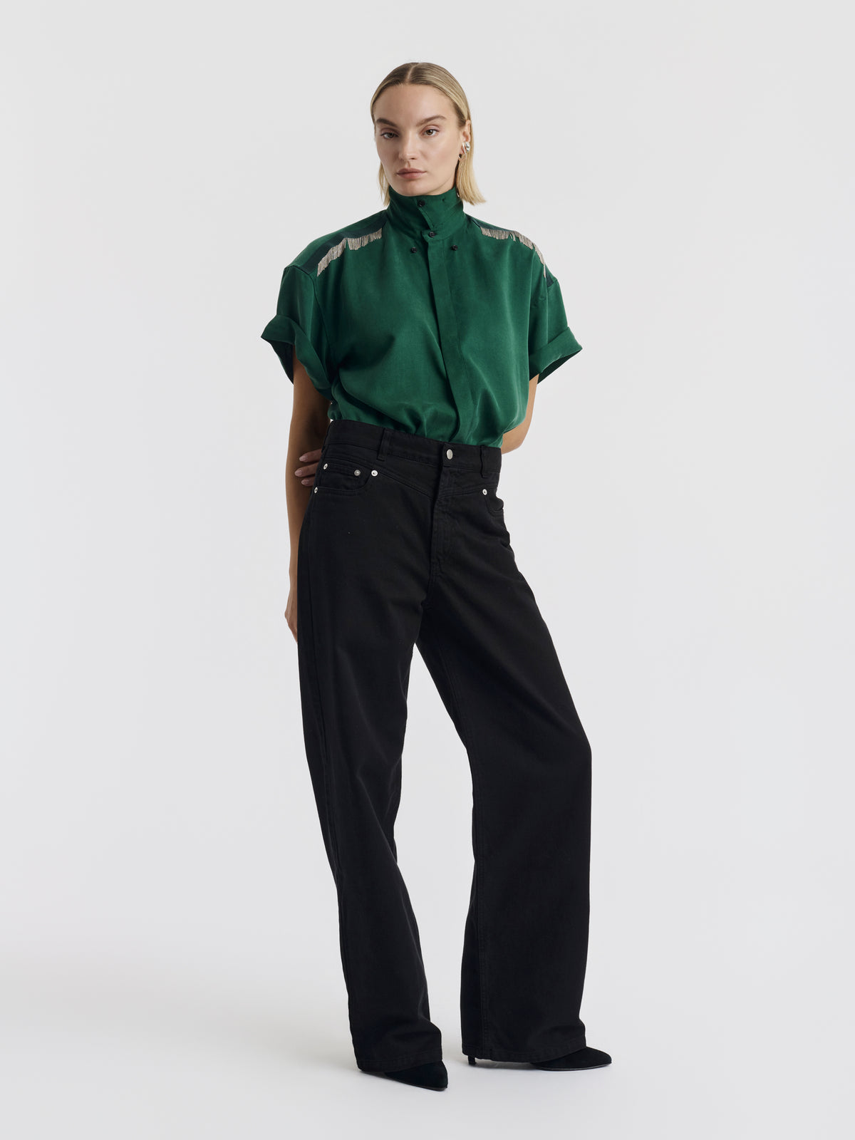 Forest green MARCUS CHAINS shirt worn with a high collar and black JENNI jeans
