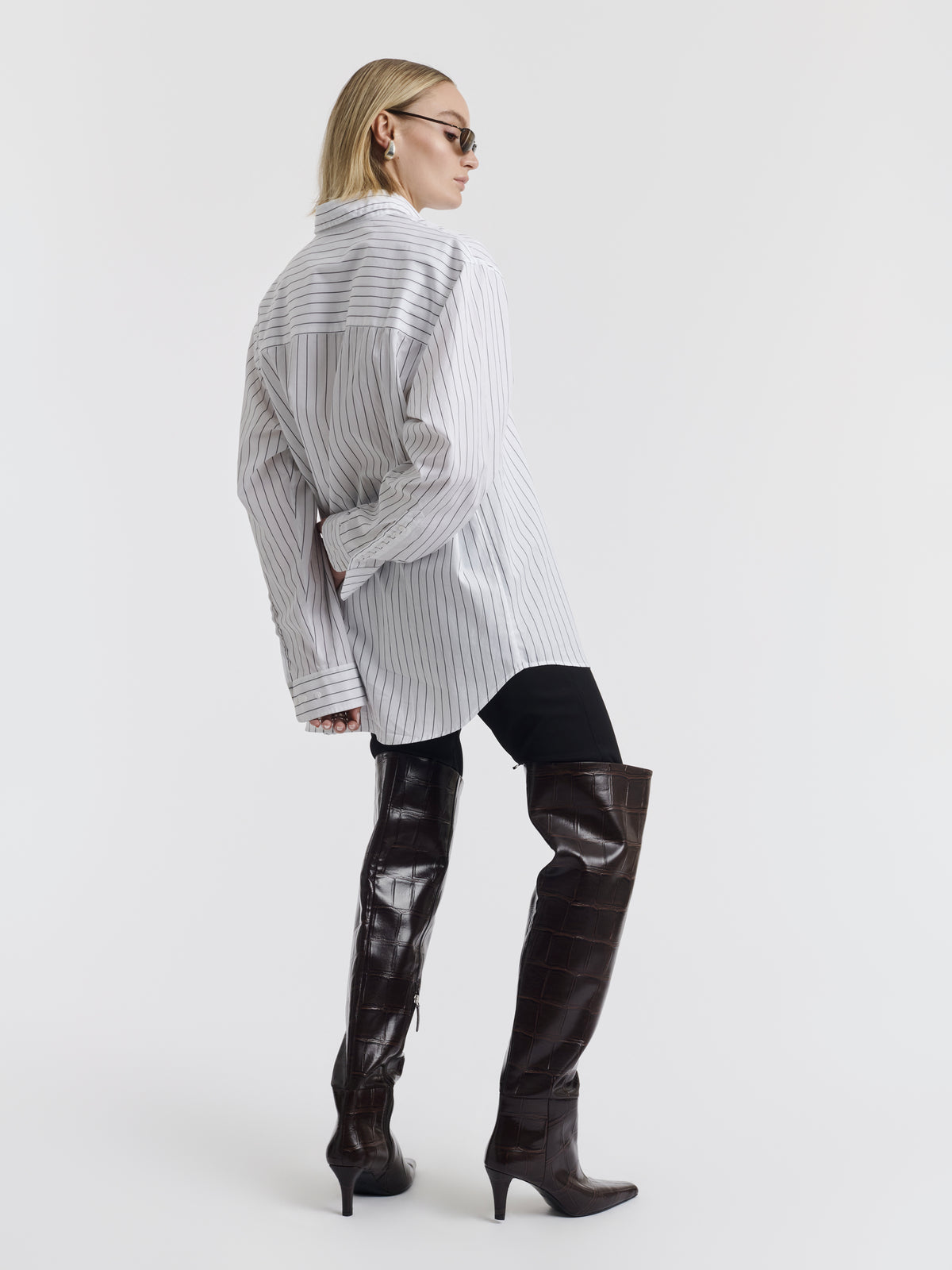 Black striped MEL oversized shirt worn, front view