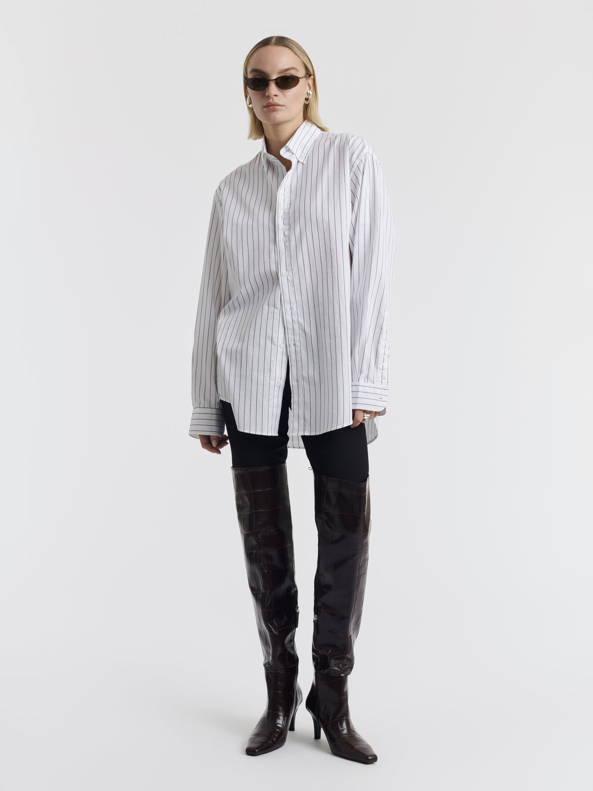 Black striped MEL oversized shirt worn, front view