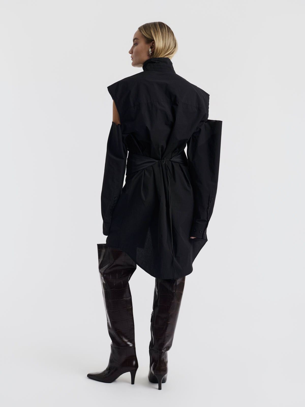 Black MELANIE shirt dress, back view with curved hem