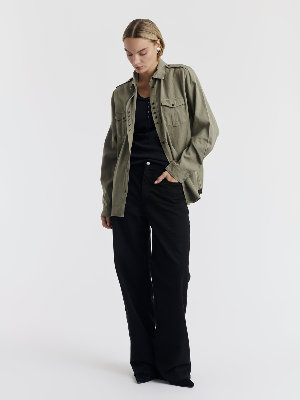 Khaki TITI boyfriend shirt worn, front view