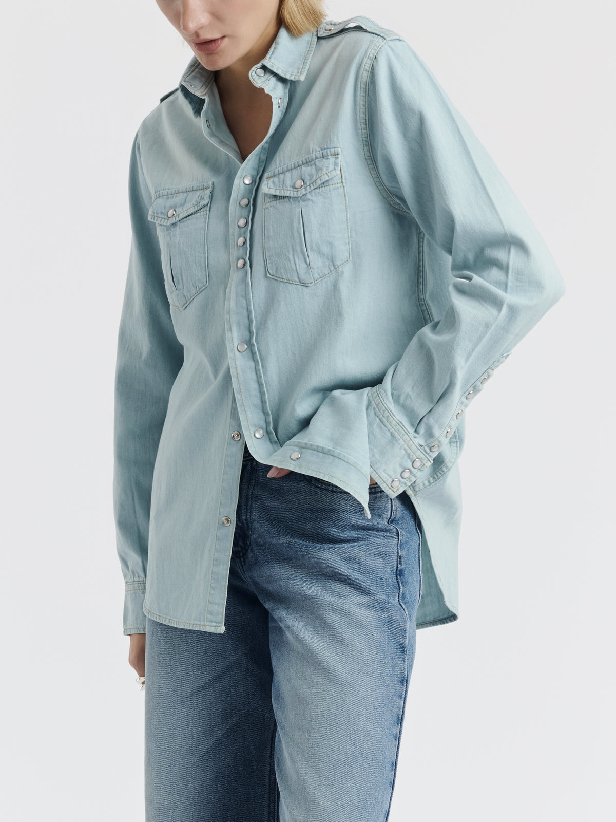 Light blue denim TITI shirt worn, front view