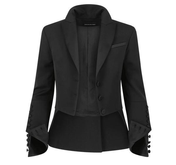 SARAH DE SAINT HUBERT satin black jacket made of virgin wool. Feminine rock’n’roll silhouette.
