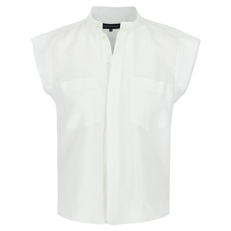 SARAH DE SAINT HUBERT structured shoulders cotton shirt with 2 front pockets & blind front placket. White stripes in relief on a white base. Straight fit, true to size. 100% Italian cotton. Made in Portugal