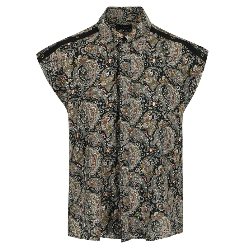 SARAH DE SAINT HUBERT sleeveless fluid & loose shirt in 100% paisley printed viscose. The shoulders can be worn either loose or folded inside for a 'straight shoulder pads' look! The fit of this shirt is straight and rather oversized. Made in Portugal.