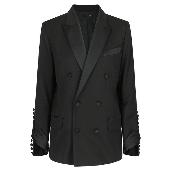 Women's black double breasted tailored jacket boyfriend fit - straight fit satin lapel collar, inside cuffs and self covered buttons signature extra-high buttoned cuffs with satin covered buttons 2 front pockets with satin pipings black viscose lining. Made in Portugal